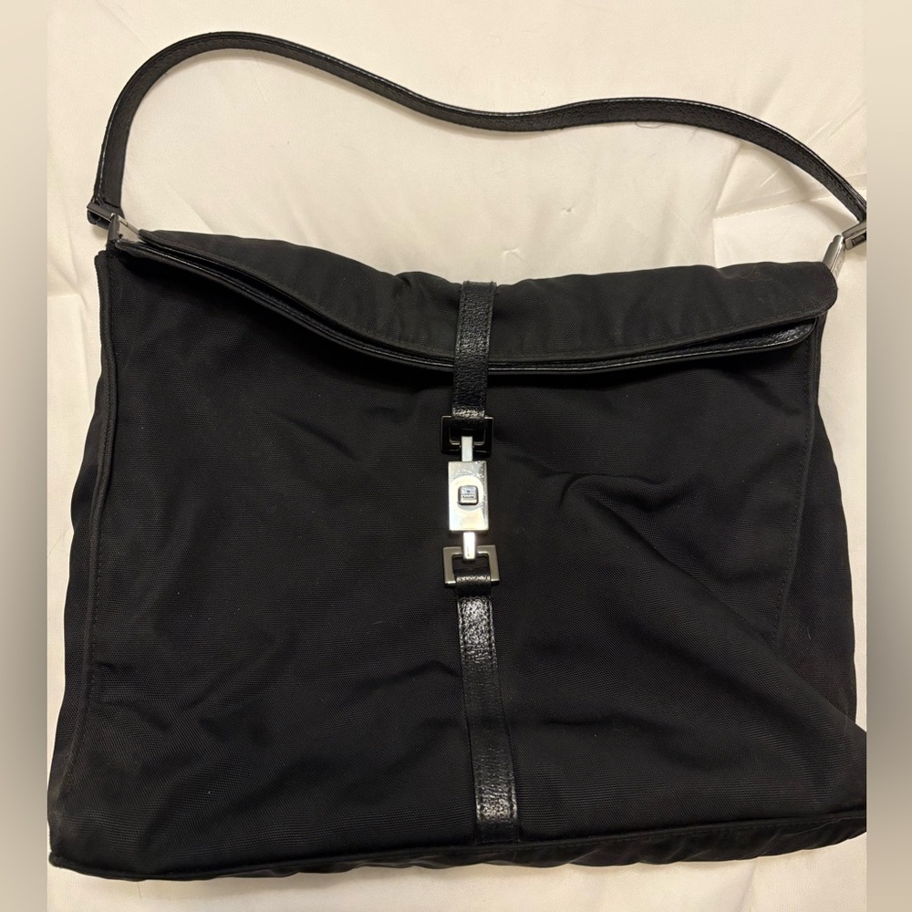 Vintage Gucci Black Nylon Jackie Foldover Shoulder Bag with Leather Trim